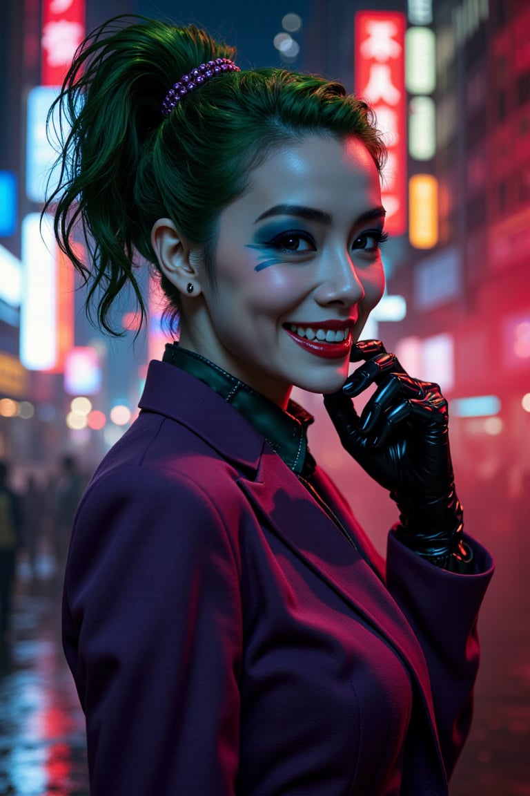 Art of a joker Joker's twisted grin wearing her ((makeup face:1.4)), purple ((her suit)), black glove, ((red smoke)), her ((green ponnytail bun hairstyle:1.3)), sharp teeth, sexy pose, dark night, ((neon light city)), cyberpunk realistic city background 