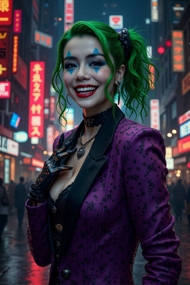 Art of a joker Joker's twisted grin wearing her ((makeup face:1.4)), purple ((her suit)), black glove, ((red smoke)), her ((green ponnytail bun hairstyle:1.3)), sharp teeth, sexy pose, dark night, ((neon light city)), cyberpunk realistic city background 