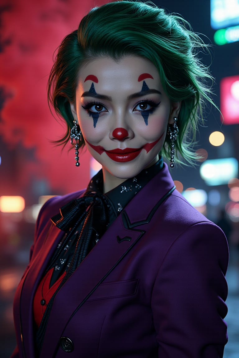 Art of a joker Joker's twisted grin wearing her ((makeup face:1.4)), purple ((her suit)), black glove, ((red smoke)), her ((green ponnytail short hairstyle:1.3)), vampire teeth, sexy pose, dark night, ((neon light city)), cyberpunk realistic city background 