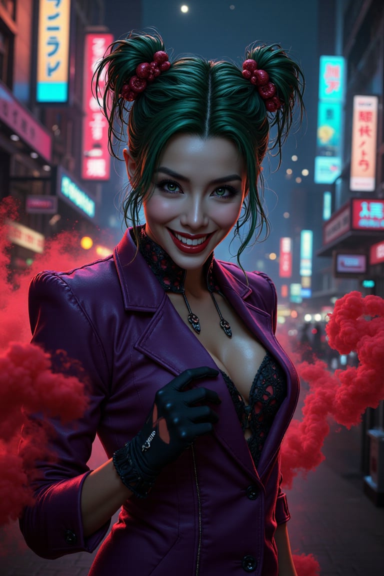 Art of a joker Joker's twisted grin wearing her ((makeup face:1.4)), purple ((her suit)), black glove, ((red smoke)), her ((green ponnytail bun hairstyle:1.3)), sharp teeth, sexy pose, dark night, ((neon light city)), cyberpunk realistic city background 