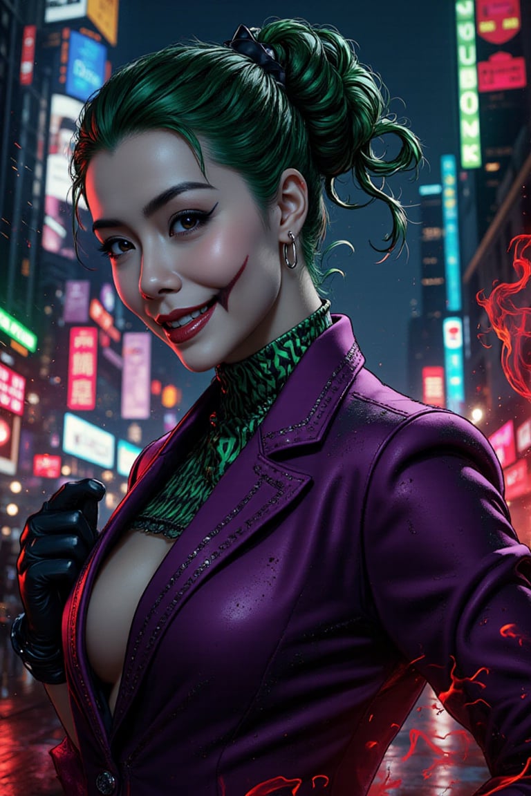 Art of a joker Joker's twisted grin wearing her ((makeup face:1.4)), purple ((her suit)), black glove, ((red smoke)), her ((green ponnytail bun hairstyle:1.3)), sexy pose, dark night, ((neon light city)), cyberpunk realistic city background 