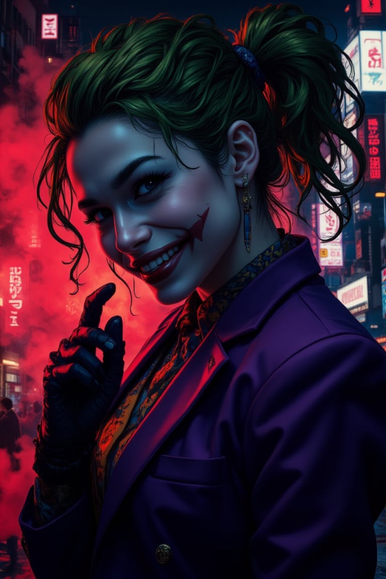 Art of a joker Joker's twisted grin wearing her ((makeup face:1.4)), purple ((her suit)), black glove, ((red smoke)), her ((green ponnytail bun hairstyle:1.3)), sharp teeth, sexy pose, dark night, ((neon light city)), cyberpunk realistic city background 