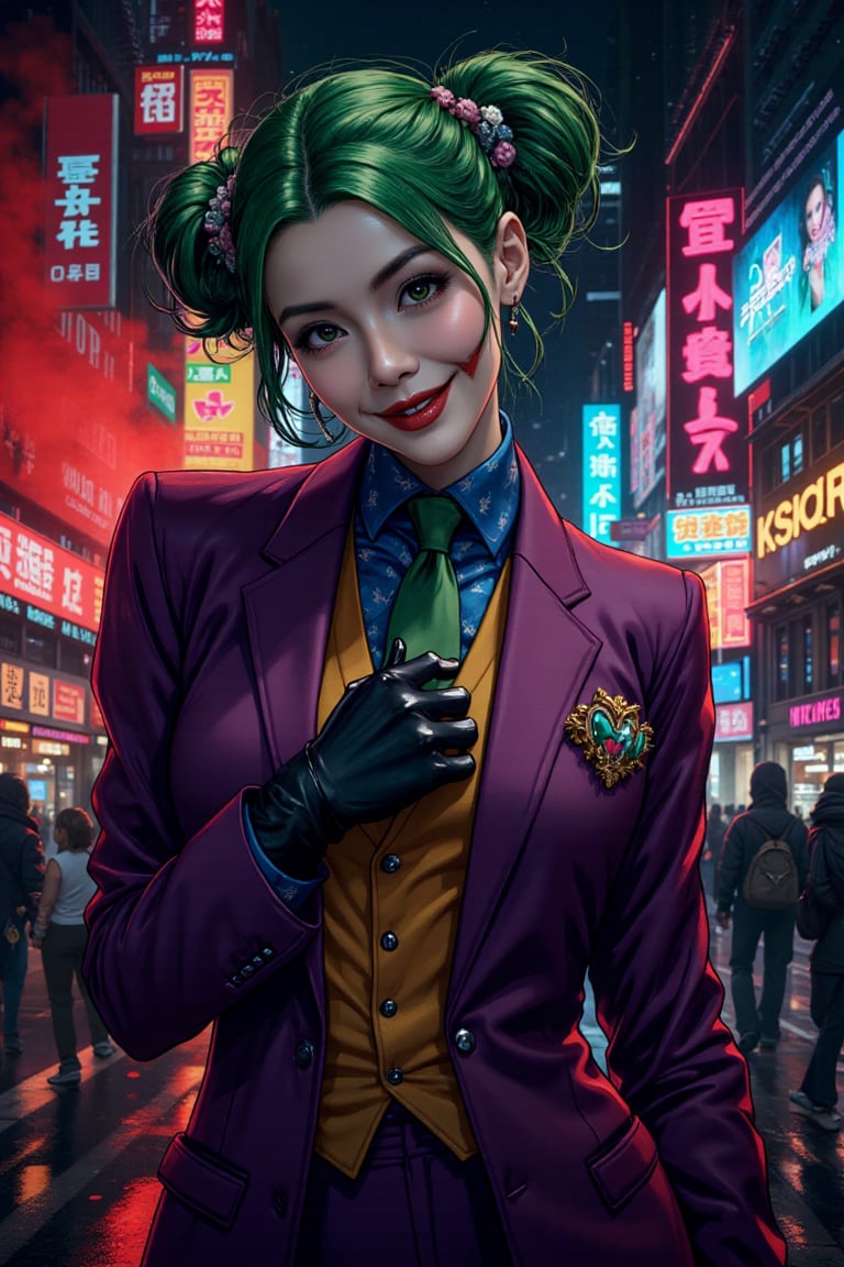 Art of a joker Joker's twisted grin wearing her ((makeup face:1.4)), purple ((her suit)), black glove, ((red smoke)), her ((green ponnytail bun hairstyle:1.3)), sexy pose, dark night, ((neon light city)), cyberpunk realistic city background 