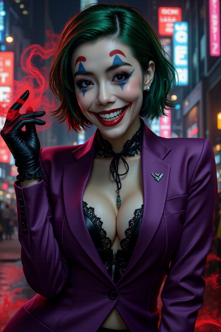 Art of a joker Joker's twisted grin wearing her ((makeup face:1.4)), purple ((her suit)), black glove, ((red smoke)), her ((green ponnytail short hairstyle:1.3)), vampire teeth, sexy pose, dark night, ((neon light city)), cyberpunk realistic city background 