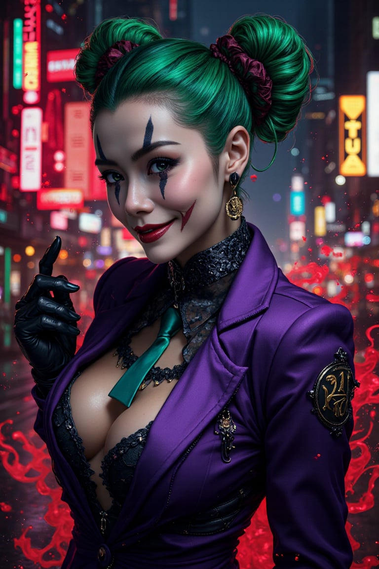 Art of a joker Joker's twisted grin wearing her ((makeup face:1.4)), purple ((her suit)), black glove, ((red smoke)), her ((green ponnytail bun hairstyle:1.3)), sexy pose, dark night, ((neon light city)), cyberpunk realistic city background 