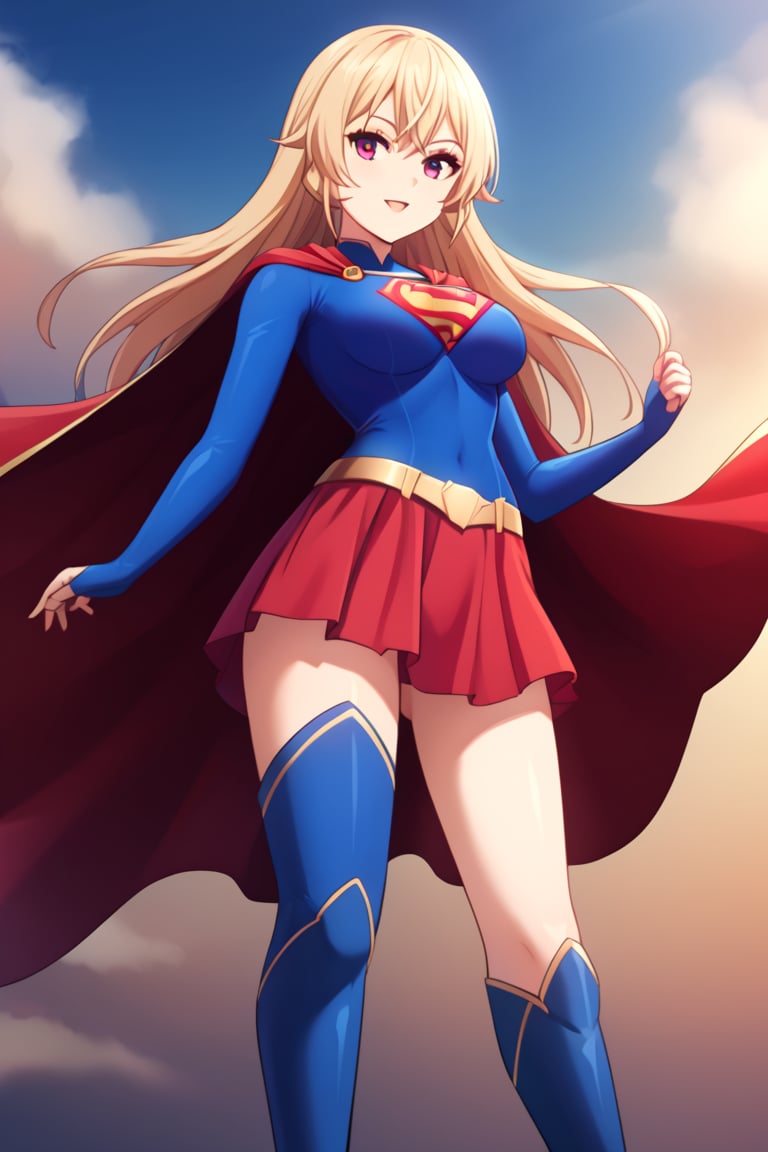 Erina Nakiri, with her regal presence and distinctive long blonde hair, stands confidently in the iconic Supergirl costume. The costume features a bold blue top with the famous red and yellow 'S' shield emblazoned across her chest, symbolizing strength and hope. A flowing red cape cascades from her shoulders, adding a touch of elegance that complements her aristocratic demeanor. The red skirt and matching knee-high boots complete the ensemble, enhancing her powerful yet graceful appearance. Her usual air of sophistication and authority is now combined with the heroic charm of Supergirl, making her look both formidable and inspiring.