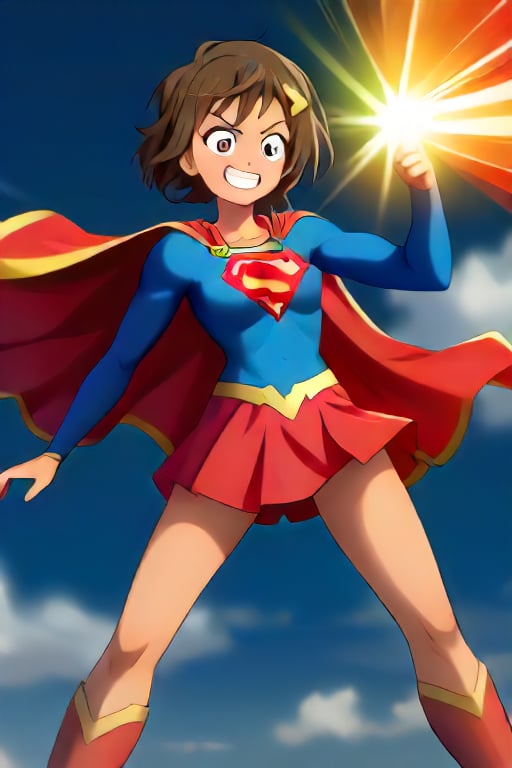 Ren Kazamatsuri, with her athletic and energetic personality, brings a vibrant energy to the classic Supergirl costume. The bold blue top, featuring the red and yellow 'S' emblem, enhances her natural strength and agility. A flowing red cape billows behind her, adding a dynamic flair to her sporty demeanor. The red skirt and knee-high boots complete the look, emphasizing her active and athletic frame, making her appear ready to leap into action at any moment.

Her usual playful and determined expression blends effortlessly with the heroic essence of Supergirl, showing her readiness to fight for justice with a confident grin. This transformation into Supergirl enhances her natural charisma and bravery, making her the perfect embodiment of a young heroine full of energy and optimism, ready to protect those in need while charging forward with her unstoppable spirit.,supergirl,Ren Kazamatsuri, brown hair, hair ornament, dark skinned 