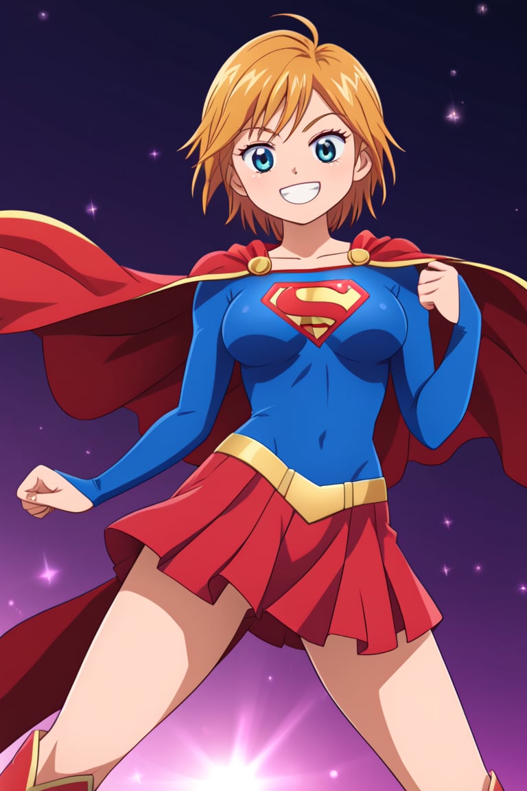 Nagisa Misumi, known for her sporty and energetic personality, brings a spirited charm to the classic Supergirl costume. The vibrant blue top, with the iconic red and yellow 'S' emblem on her chest, highlights her innate sense of justice and determination. A flowing red cape flutters behind her as she stands confidently, adding a heroic and dynamic touch that matches her active, athletic nature. The costume is completed with a red skirt and matching knee-high boots, which perfectly complement her strong and agile figure honed through her love of sports.

Nagisa’s usual bright smile and energetic stance blend seamlessly with the empowering aura of Supergirl, showing off her confidence and readiness to protect those she cares about. This transformation highlights Nagisa’s combination of strength, courage, and enthusiasm, making her the perfect embodiment of a young heroine full of life and ready to take on any challenge that comes her way.