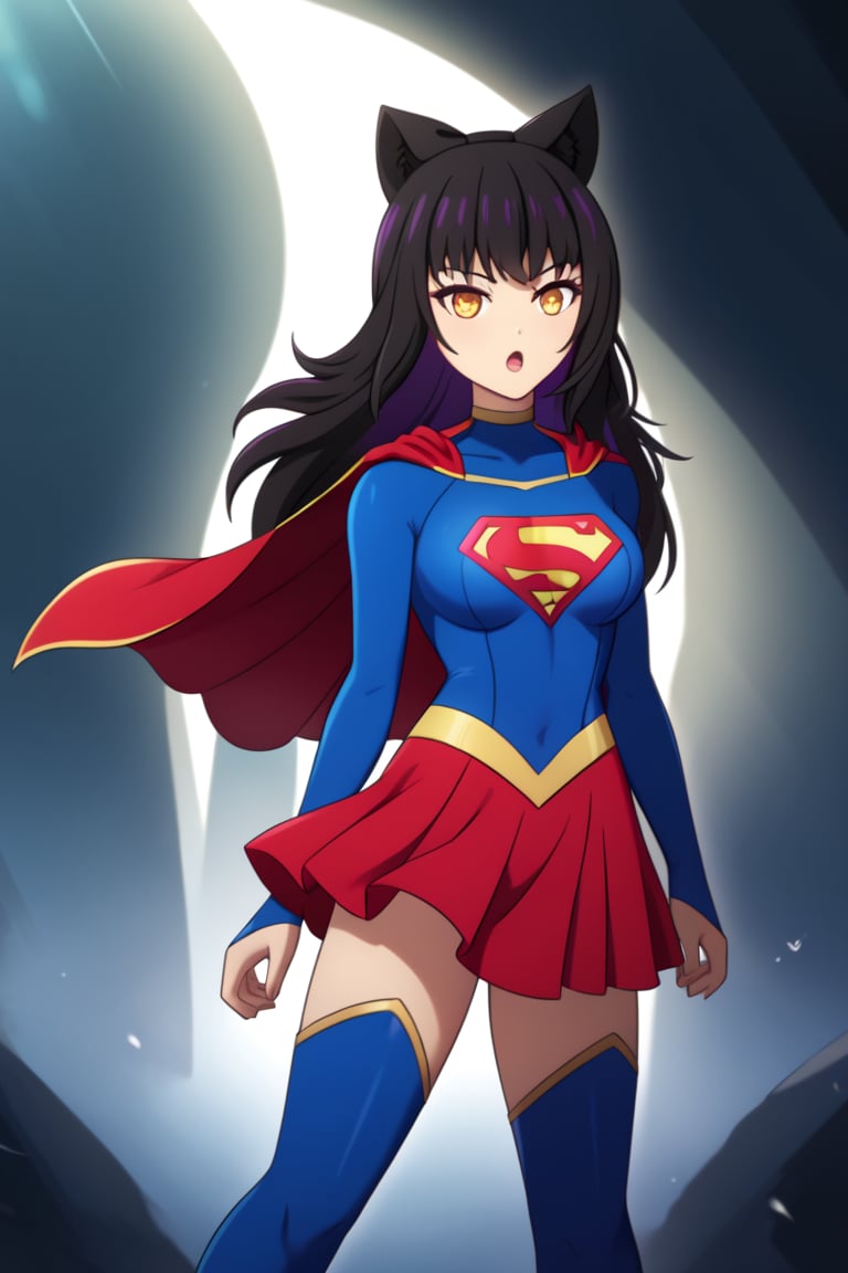 Blake Belladonna, with her quiet yet fierce demeanor, brings a subtle elegance to the classic Supergirl costume. The deep blue top, adorned with the bold red and yellow 'S' emblem, contrasts beautifully with her dark, raven-black hair, which falls gracefully over her shoulders, with her signature bow adding a unique touch. A flowing red cape sways behind her, giving a sense of movement and power, while also highlighting her agile and stealthy nature. The red skirt and knee-high boots complete the look, emphasizing her lithe, athletic frame.

Blake’s calm yet determined expression blends perfectly with the heroic essence of Supergirl, showcasing her strength and resolve. Her quiet strength, paired with the empowering costume, makes her a symbol of resilience and grace. In this transformation, Blake seamlessly combines her natural stealth and independence with the courage and heroism of Supergirl, ready to stand tall and protect those who need it, while still retaining her thoughtful and introspective nature.