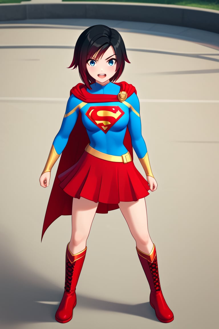 Ruby Rose, with her boundless energy and unwavering sense of justice, looks striking in the classic Supergirl costume. The vibrant blue top, featuring the iconic red and yellow 'S' emblem, perfectly complements her bold and heroic nature. A red cape flows behind her, adding a dynamic flair as it moves with her quick and agile stance, reminiscent of her usual combat style. The red skirt and knee-high boots complete the look, enhancing her athletic form and giving her the appearance of a young, determined superhero ready to protect the world.

Ruby’s signature short black hair with red tips stands out against the costume, while her cheerful and optimistic smile shines through, embodying the essence of Supergirl's hope and strength. The costume enhances her natural sense of leadership and bravery, making her a perfect fit for the role of a superhero. In this transformation, Ruby blends her youthful enthusiasm with the power and courage of Supergirl, ready to take on any challenge and inspire those around her.