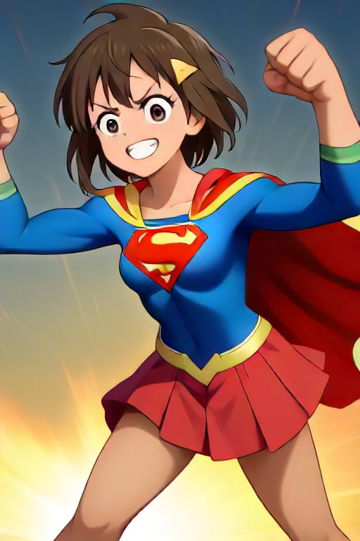 Ren Kazamatsuri, with her athletic and energetic personality, brings a vibrant energy to the classic Supergirl costume. The bold blue top, featuring the red and yellow 'S' emblem, enhances her natural strength and agility. A flowing red cape billows behind her, adding a dynamic flair to her sporty demeanor. The red skirt and knee-high boots complete the look, emphasizing her active and athletic frame, making her appear ready to leap into action at any moment.

Her usual playful and determined expression blends effortlessly with the heroic essence of Supergirl, showing her readiness to fight for justice with a confident grin. This transformation into Supergirl enhances her natural charisma and bravery, making her the perfect embodiment of a young heroine full of energy and optimism, ready to protect those in need while charging forward with her unstoppable spirit.,supergirl,Ren Kazamatsuri, brown hair, hair ornament, dark skinned 