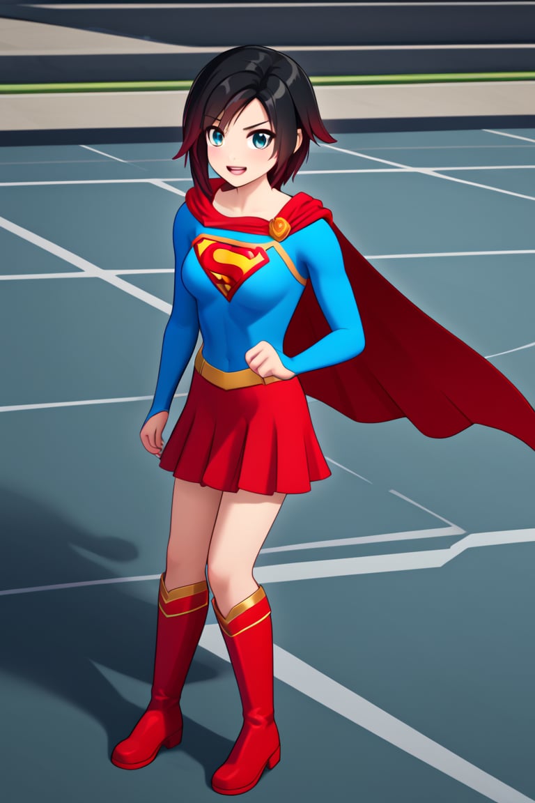 Ruby Rose, with her boundless energy and unwavering sense of justice, looks striking in the classic Supergirl costume. The vibrant blue top, featuring the iconic red and yellow 'S' emblem, perfectly complements her bold and heroic nature. A red cape flows behind her, adding a dynamic flair as it moves with her quick and agile stance, reminiscent of her usual combat style. The red skirt and knee-high boots complete the look, enhancing her athletic form and giving her the appearance of a young, determined superhero ready to protect the world.

Ruby’s signature short black hair with red tips stands out against the costume, while her cheerful and optimistic smile shines through, embodying the essence of Supergirl's hope and strength. The costume enhances her natural sense of leadership and bravery, making her a perfect fit for the role of a superhero. In this transformation, Ruby blends her youthful enthusiasm with the power and courage of Supergirl, ready to take on any challenge and inspire those around her.