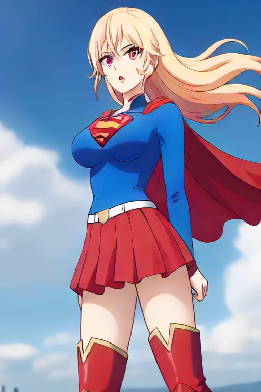 Erina Nakiri, with her regal presence and distinctive long blonde hair, stands confidently in the iconic Supergirl costume. The costume features a bold blue top with the famous red and yellow 'S' shield emblazoned across her chest, symbolizing strength and hope. A flowing red cape cascades from her shoulders, adding a touch of elegance that complements her aristocratic demeanor. The red skirt and red knee-high boots complete the ensemble, enhancing her powerful yet graceful appearance. Her usual air of sophistication and authority is now combined with the heroic charm of Supergirl, making her look both formidable and inspiring.