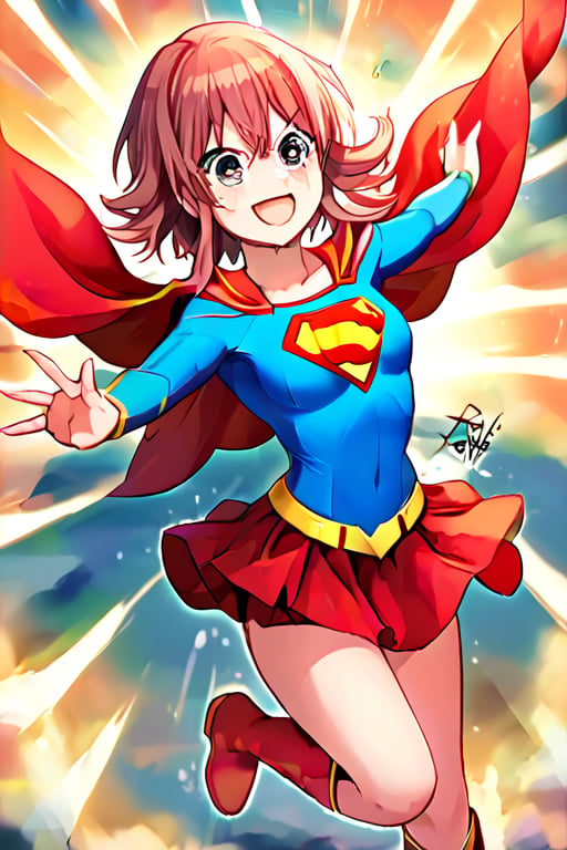 Komiya Kaho, with her boundless energy and enthusiasm, brings a bright and cheerful twist to the classic Supergirl costume. The vibrant blue top with the red and yellow 'S' emblem adds a bold pop of color that perfectly complements her lively personality. Her short, fluffy red hair bounces playfully around her face, while the red cape flows behind her in sync with her dynamic movements. The red skirt and matching knee-high boots complete the look, giving her a fun yet heroic appearance.

With her ever-joyful smile and sparkling eyes, Kaho steps into the role of Supergirl with a youthful excitement, embodying a superhero ready to leap into action with optimism and energy. Her transformation captures her spontaneous and brave spirit, showing a Supergirl who’s not just powerful but also full of heart and enthusiasm. In this costume, Kaho shines as a heroine who brings joy and courage to everyone around her, ready to tackle challenges with her bright outlook and boundless spirit.,KOMIYA KAHO,supergirl