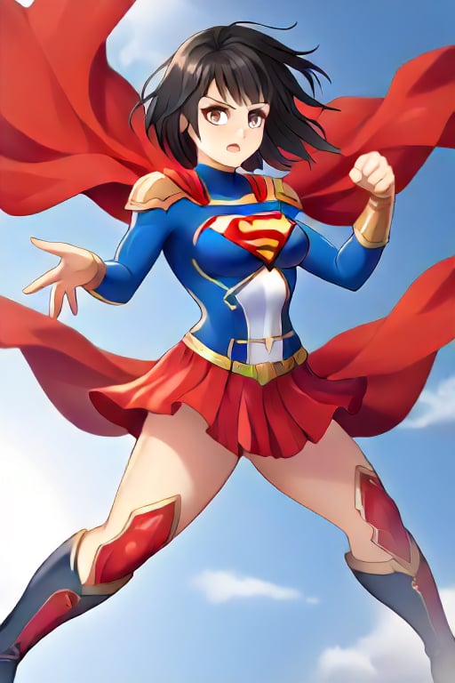 Erika, the skilled and disciplined swordswoman from "Shadowverse," exudes power and grace in the classic Supergirl costume. The vibrant blue top, emblazoned with the red and yellow 'S' emblem, fits perfectly with her fierce and focused demeanor. Her short black hair flows freely, adding a dramatic touch as the red cape billows behind her, accentuating her swift movements and readiness for action. The red skirt, paired with red knee-high boots, emphasizes her lithe, athletic form, while maintaining the elegance and precision she's known for in combat.

Erika’s sharp gaze reflects her determination and unwavering sense of duty, blending her natural warrior spirit with the heroic essence of Supergirl. In this transformation, she retains her tactical mindset and sword skills but adds the empowering aura of a superhero. The Supergirl costume highlights her inner strength and drive, making her a symbol of both power and protection, always ready to defend with grace and skill.