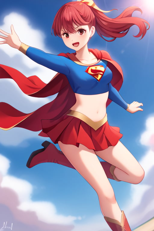 Kasumi Yoshizawa, with her graceful and athletic poise, looks stunning and heroic in the classic Supergirl costume. The vibrant blue top, emblazoned with the iconic red and yellow 'S' emblem on her chest, reflects her energetic and optimistic nature. A flowing red cape billows behind her, adding a dynamic touch to her already agile form. The costume is completed with a red skirt and matching knee-high boots, highlighting her slim yet strong physique, honed from years of rhythmic gymnastics. Kasumi’s usual bright smile and determined expression blend perfectly with the confident, courageous aura of Supergirl, showcasing her balance of elegance and strength. In this transformation, Kasumi embodies the essence of a true heroine—both graceful and powerful, ready to take on any challenge with a blend of cheerfulness and resolve. she has red hair in a ponytail.,supergirl,yoshizawa kasumi