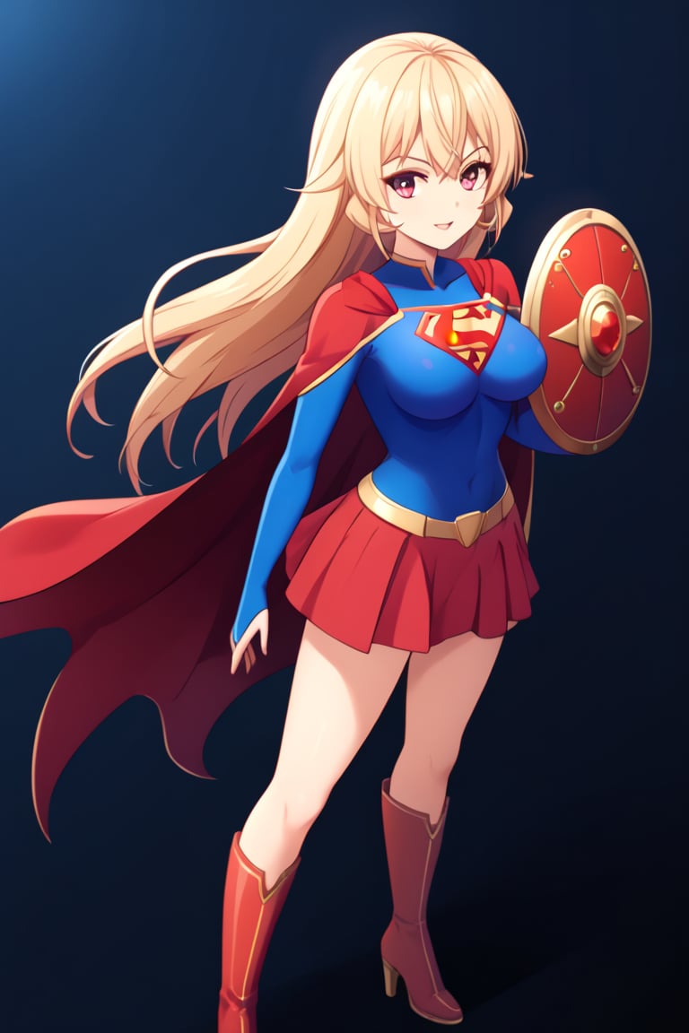 Erina Nakiri, with her regal presence and distinctive long blonde hair, stands confidently in the iconic Supergirl costume. The costume features a bold blue top with the famous red and yellow 'S' shield emblazoned across her chest, symbolizing strength and hope. A flowing red cape cascades from her shoulders, adding a touch of elegance that complements her aristocratic demeanor. The red skirt and matching knee-high boots complete the ensemble, enhancing her powerful yet graceful appearance. Her usual air of sophistication and authority is now combined with the heroic charm of Supergirl, making her look both formidable and inspiring.