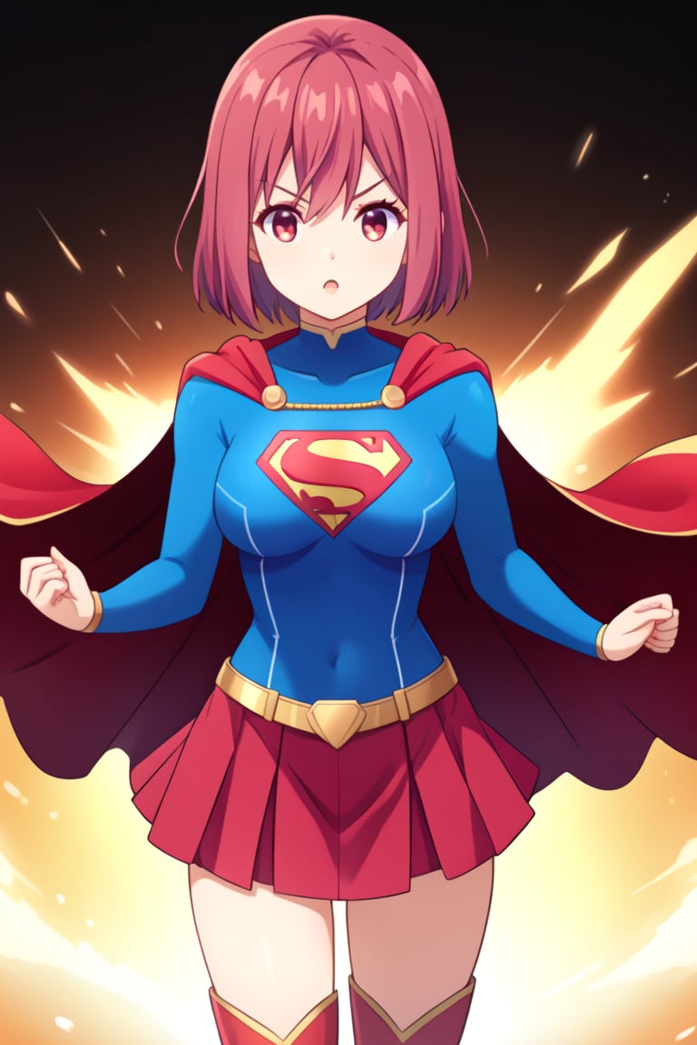 Hisako Arato, with her composed demeanor and auburn hair tied neatly in a ponytail, takes on a powerful new look in the classic Supergirl costume. The vibrant blue top, featuring the bold red and yellow 'S' emblem on her chest, perfectly contrasts her usual calm and collected appearance, symbolizing the strength she possesses beneath her reserved exterior. A flowing red cape cascades behind her, adding a heroic flair to her poised stance. The outfit is completed with a red skirt and matching knee-high boots, highlighting her agile and refined figure. Hisako’s focused and serious expression, now mixed with the confident aura of Supergirl, transforms her into a symbol of quiet strength and protection. This blend of her medical expertise and the superhero's power makes Hisako look both graceful and ready to stand up for what’s right.