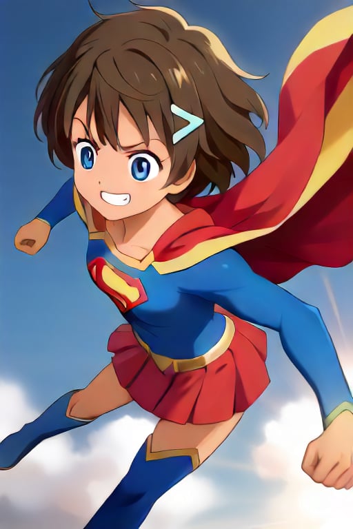 Ren Kazamatsuri, with her athletic and energetic personality, brings a vibrant energy to the classic Supergirl costume. The bold blue top, featuring the red and yellow 'S' emblem, enhances her natural strength and agility. A flowing red cape billows behind her, adding a dynamic flair to her sporty demeanor. The red skirt and knee-high boots complete the look, emphasizing her active and athletic frame, making her appear ready to leap into action at any moment.

Her usual playful and determined expression blends effortlessly with the heroic essence of Supergirl, showing her readiness to fight for justice with a confident grin. This transformation into Supergirl enhances her natural charisma and bravery, making her the perfect embodiment of a young heroine full of energy and optimism, ready to protect those in need while charging forward with her unstoppable spirit.,supergirl,Ren Kazamatsuri, brown hair, hair ornament, dark skinned 