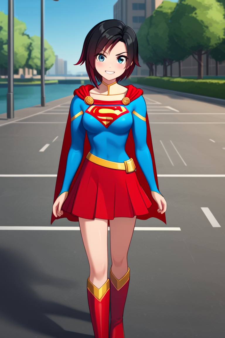 Ruby Rose, with her boundless energy and unwavering sense of justice, looks striking in the classic Supergirl costume. The vibrant blue top, featuring the iconic red and yellow 'S' emblem, perfectly complements her bold and heroic nature. A red cape flows behind her, adding a dynamic flair as it moves with her quick and agile stance, reminiscent of her usual combat style. The red skirt and knee-high boots complete the look, enhancing her athletic form and giving her the appearance of a young, determined superhero ready to protect the world.

Ruby’s signature short black hair with red tips stands out against the costume, while her cheerful and optimistic smile shines through, embodying the essence of Supergirl's hope and strength. The costume enhances her natural sense of leadership and bravery, making her a perfect fit for the role of a superhero. In this transformation, Ruby blends her youthful enthusiasm with the power and courage of Supergirl, ready to take on any challenge and inspire those around her.