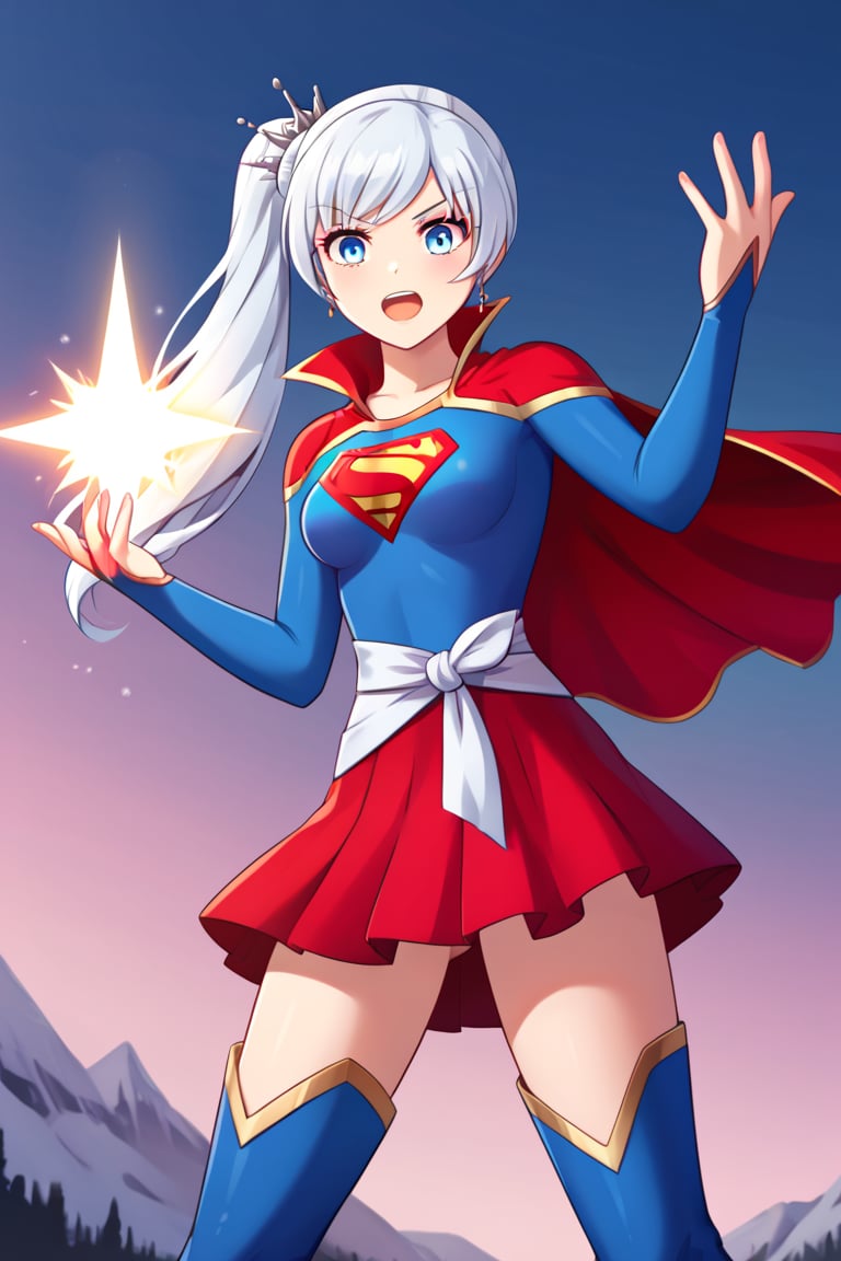 Weiss Schnee, with her graceful poise and sharp elegance, brings a regal touch to the classic Supergirl costume. The vibrant blue top, emblazoned with the red and yellow 'S' emblem, contrasts beautifully with her signature snow-white hair, which is styled in its familiar side ponytail. A flowing red cape drapes behind her, adding a dynamic sense of movement and power, complementing her composed and refined presence. The red skirt and knee-high boots complete the outfit, showcasing her agility and strength.

Weiss’s icy blue eyes and confident expression add a cool, determined edge to the typically bright and hopeful Supergirl persona. Her natural sense of leadership, discipline, and responsibility blend perfectly with the heroic aura of Supergirl. In this transformation, Weiss becomes a symbol of grace and power, ready to stand tall as both a protector and a fighter, combining her unyielding resolve with the strength and courage of a superhero.