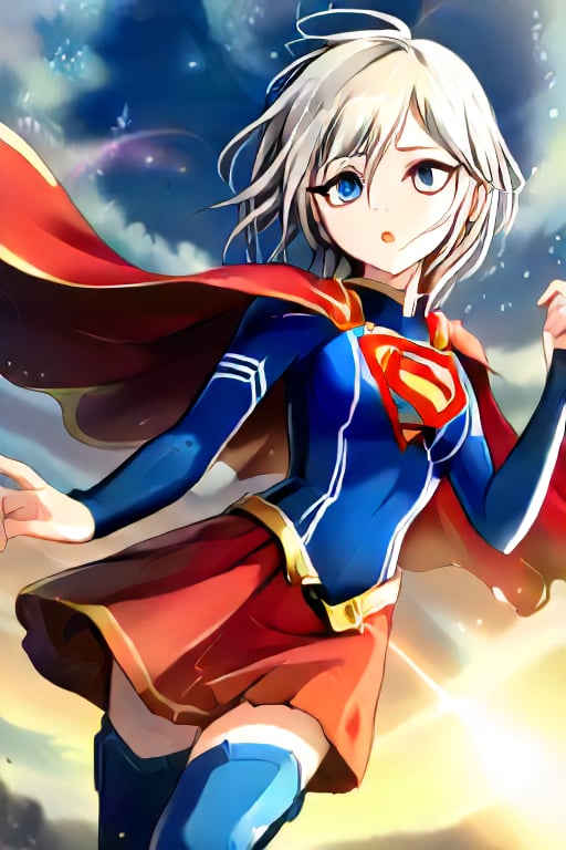 Anastasia, with her serene and graceful demeanor, brings a calm yet powerful elegance to the classic Supergirl costume. The bold blue top, emblazoned with the red and yellow 'S' emblem, contrasts beautifully with her platinum gray hair, which falls gracefully around her shoulders. Her red cape flows gently behind her, adding a sense of poise and quiet strength to her look. The red skirt and red knee-high boots complete the ensemble, highlighting her tall and slender figure, giving her an aura of both beauty and power.

Anastasia’s expression, typically calm and thoughtful, now carries a subtle determination, blending her natural grace with the heroic essence of Supergirl. Her transformation captures the perfect balance of elegance and strength, embodying the spirit of a true heroine. In this superhero guise, Anastasia shines as a protector, ready to take on any challenge with her composed confidence and quiet resolve, inspiring those around her with both her beauty and inner strength,supergirl,ANASTASIA