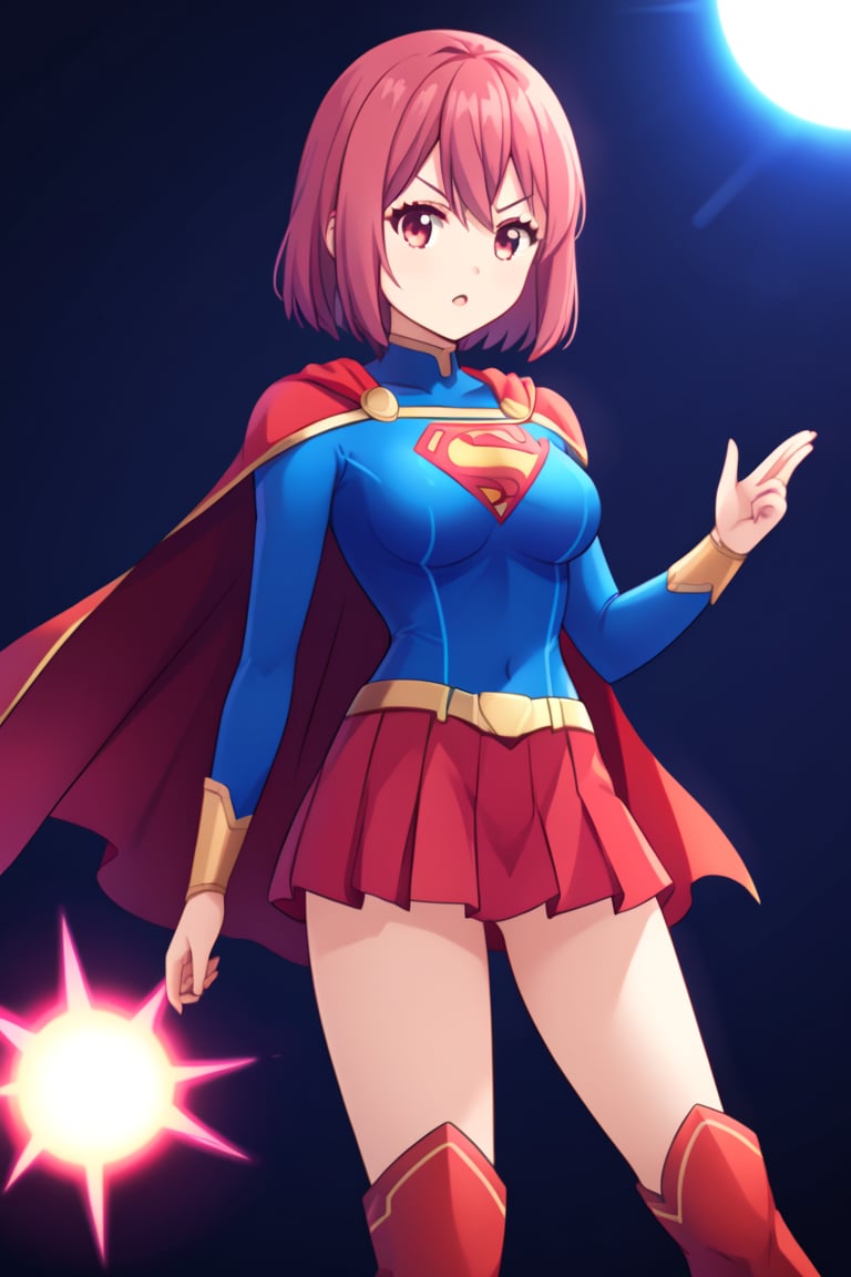 Hisako Arato, with her composed demeanor and auburn hair tied neatly in a ponytail, takes on a powerful new look in the classic Supergirl costume. The vibrant blue top, featuring the bold red and yellow 'S' emblem on her chest, perfectly contrasts her usual calm and collected appearance, symbolizing the strength she possesses beneath her reserved exterior. A flowing red cape cascades behind her, adding a heroic flair to her poised stance. The outfit is completed with a red skirt and matching knee-high boots, highlighting her agile and refined figure. Hisako’s focused and serious expression, now mixed with the confident aura of Supergirl, transforms her into a symbol of quiet strength and protection. This blend of her medical expertise and the superhero's power makes Hisako look both graceful and ready to stand up for what’s right.