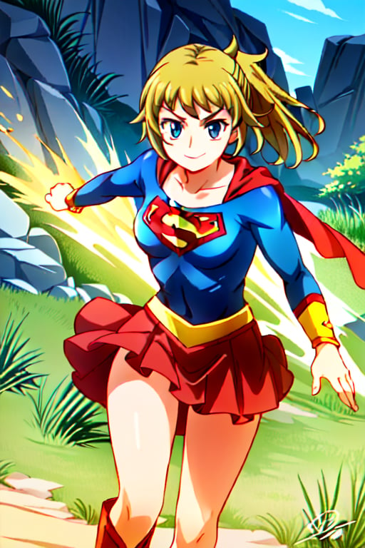 Fumina Hoshino, with her athletic build and passionate spirit, brings a lively and strong energy to the classic Supergirl costume. The bright blue top, featuring the iconic red and yellow 'S' emblem, complements her confident stance and energetic personality. Her blonde hair, tied up in her signature ponytail, adds a practical yet spirited touch, while the red cape flows behind her, accentuating her action-ready pose. The red skirt and matching knee-high boots complete her look, highlighting her athletic frame and dynamic style. With her usual enthusiastic smile and determined eyes, Fumina embodies the essence of Supergirl with a unique twist. Her transformation amplifies her natural courage and resilience, blending her love for competition with the heroism of the Supergirl persona. In this costume, Fumina looks ready to face any challenge head-on, inspiring those around her with her boundless energy, strength, and unwavering resolve.