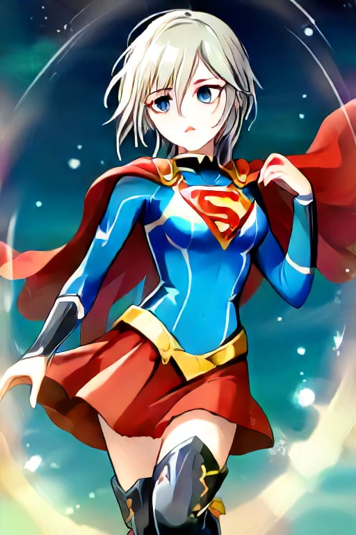 Anastasia, with her serene and graceful demeanor, brings a calm yet powerful elegance to the classic Supergirl costume. The bold blue top, emblazoned with the red and yellow 'S' emblem, contrasts beautifully with her platinum gray hair, which falls gracefully around her shoulders. Her red cape flows gently behind her, adding a sense of poise and quiet strength to her look. The red skirt and knee-high boots complete the ensemble, highlighting her tall and slender figure, giving her an aura of both beauty and power.

Anastasia’s expression, typically calm and thoughtful, now carries a subtle determination, blending her natural grace with the heroic essence of Supergirl. Her transformation captures the perfect balance of elegance and strength, embodying the spirit of a true heroine. In this superhero guise, Anastasia shines as a protector, ready to take on any challenge with her composed confidence and quiet resolve, inspiring those around her with both her beauty and inner strength,supergirl,ANASTASIA