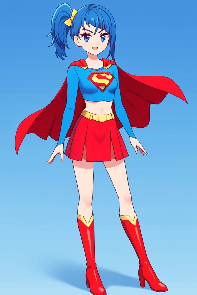 Sora Harewataru, with her sky-blue hair and determined yet gentle demeanor, shines brilliantly in the classic Supergirl costume. The bold blue top with the red and yellow 'S' emblem stands proudly on her chest, representing her unwavering courage and sense of justice. A bright red cape flows effortlessly from her shoulders, adding a heroic and dynamic flair that complements her graceful yet adventurous spirit. The costume is completed with a red skirt and matching knee-high boots, which highlight her agile and energetic presence. Sora’s determined expression, paired with her innate kindness, blends perfectly with the superhero attire, transforming her into a symbol of hope and protection. In the Supergirl costume, Sora embodies both strength and compassion, showcasing her readiness to soar to new heights as a true heroine. Her blue hair is tied into a side ponytail on the right with a yellow ribbon