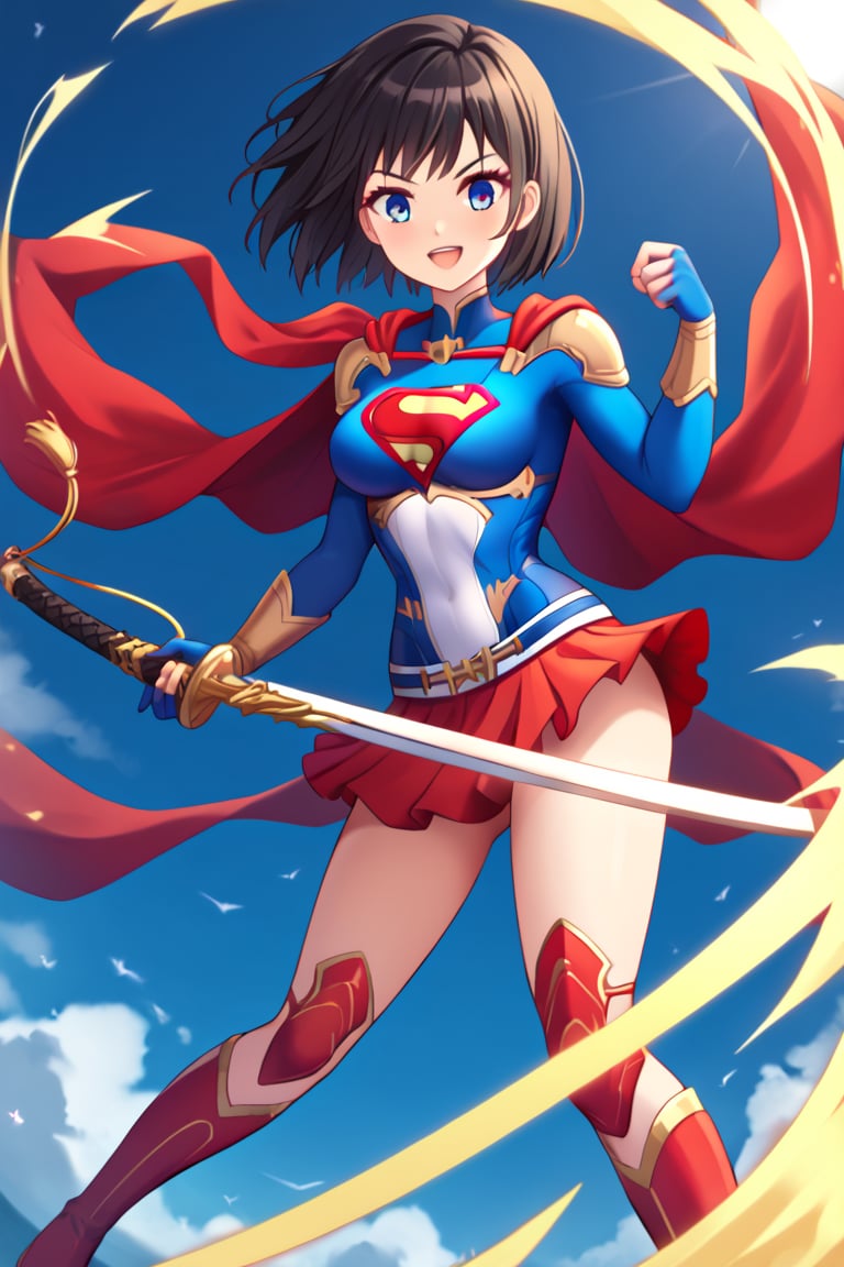 Erika, the skilled and disciplined swordswoman from "Shadowverse," exudes power and grace in the classic Supergirl costume. The vibrant blue top, emblazoned with the red and yellow 'S' emblem, fits perfectly with her fierce and focused demeanor. Her short black hair flows freely, adding a dramatic touch as the red cape billows behind her, accentuating her swift movements and readiness for action. The red skirt, paired with knee-high boots, emphasizes her lithe, athletic form, while maintaining the elegance and precision she's known for in combat.

Erika’s sharp gaze reflects her determination and unwavering sense of duty, blending her natural warrior spirit with the heroic essence of Supergirl. In this transformation, she retains her tactical mindset and sword skills but adds the empowering aura of a superhero. The Supergirl costume highlights her inner strength and drive, making her a symbol of both power and protection, always ready to defend with grace and skill.