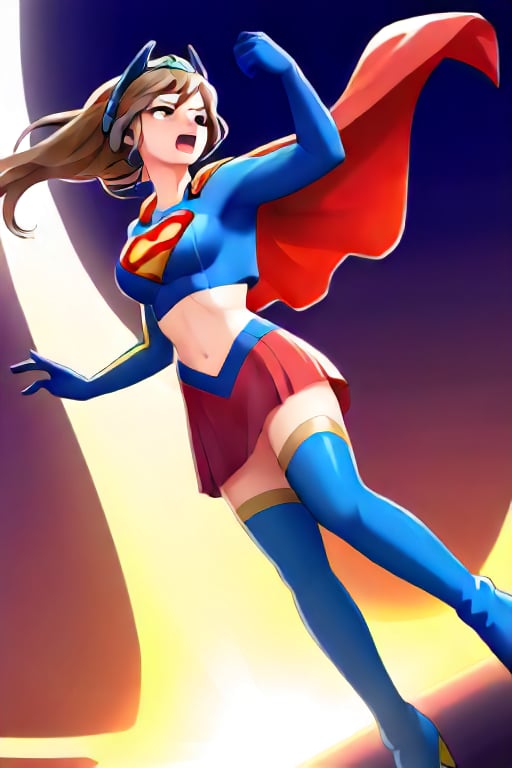 IPMasquerena, known for her edgy, cybernetic design and rebellious nature, takes on a unique look in the classic Supergirl costume. The vibrant blue top, featuring the bold red and yellow 'S' emblem, contrasts with her mechanical elements, creating a striking blend of futuristic style and classic heroism. Her distinct helmet and cybernetic accessories are complemented by the flowing red cape, which adds a dynamic touch to her usually sleek and tactical appearance. The red skirt and red knee-high boots complete the costume, merging her edgy look with Supergirl’s iconic outfit. She has brown hair.

With her signature cool and confident expression, IPMasquerena embraces the strength and courage that come with the Supergirl identity. The costume enhances her already formidable presence, blending her high-tech vibe with the empowering essence of a superhero. In this transformation, she embodies a perfect mix of futuristic toughness and classic heroism, ready to take on any challenge with her strategic mind and unwavering bravery.,I:P Masquerena