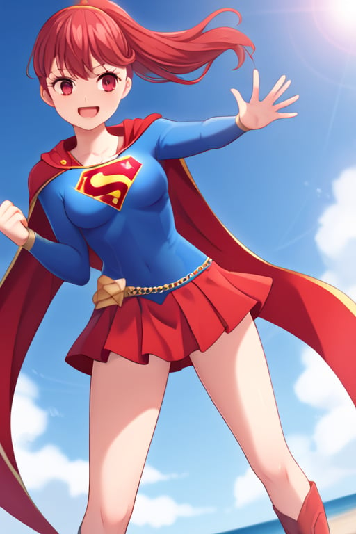 Kasumi Yoshizawa, with her graceful and athletic poise, looks stunning and heroic in the classic Supergirl costume. The vibrant blue top, emblazoned with the iconic red and yellow 'S' emblem on her chest, reflects her energetic and optimistic nature. A flowing red cape billows behind her, adding a dynamic touch to her already agile form. The costume is completed with a red skirt and matching knee-high boots, highlighting her slim yet strong physique, honed from years of rhythmic gymnastics. Kasumi’s usual bright smile and determined expression blend perfectly with the confident, courageous aura of Supergirl, showcasing her balance of elegance and strength. In this transformation, Kasumi embodies the essence of a true heroine—both graceful and powerful, ready to take on any challenge with a blend of cheerfulness and resolve. she has red hair in a ponytail.,supergirl,yoshizawa kasumi