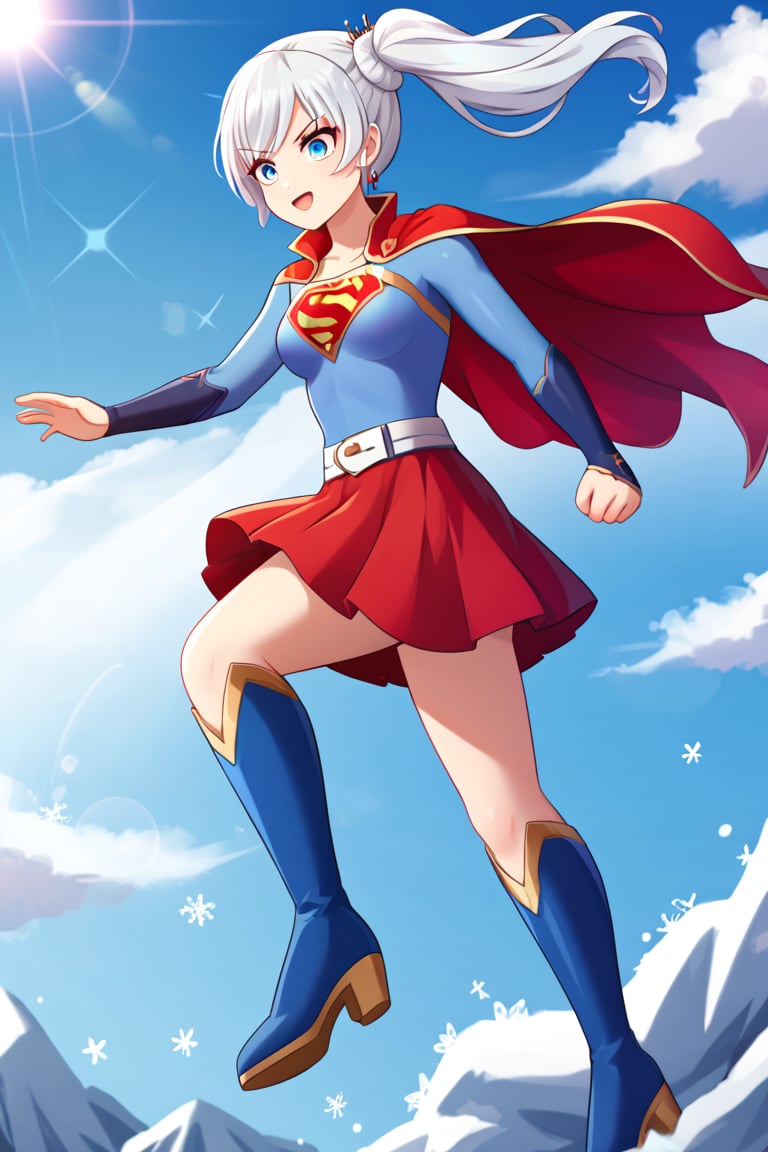 Weiss Schnee, with her graceful poise and sharp elegance, brings a regal touch to the classic Supergirl costume. The vibrant blue top, emblazoned with the red and yellow 'S' emblem, contrasts beautifully with her signature snow-white hair, which is styled in its familiar side ponytail. A flowing red cape drapes behind her, adding a dynamic sense of movement and power, complementing her composed and refined presence. The red skirt and knee-high boots complete the outfit, showcasing her agility and strength.

Weiss’s icy blue eyes and confident expression add a cool, determined edge to the typically bright and hopeful Supergirl persona. Her natural sense of leadership, discipline, and responsibility blend perfectly with the heroic aura of Supergirl. In this transformation, Weiss becomes a symbol of grace and power, ready to stand tall as both a protector and a fighter, combining her unyielding resolve with the strength and courage of a superhero.