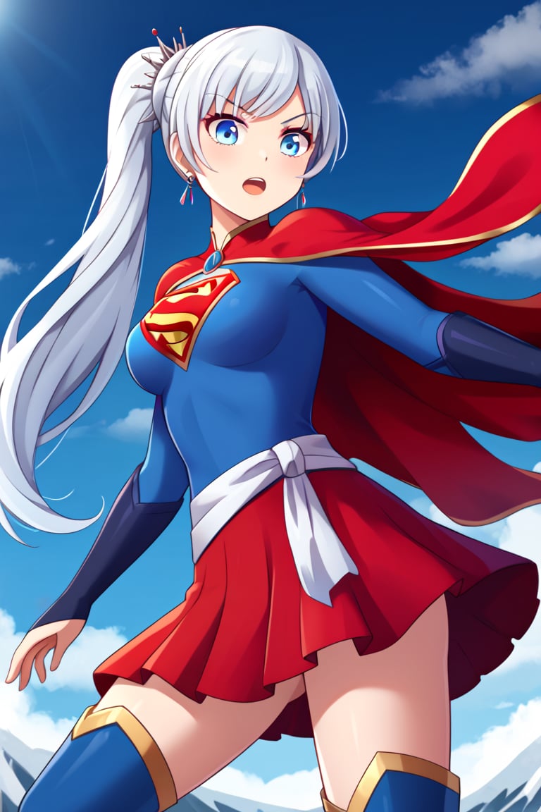 Weiss Schnee, with her graceful poise and sharp elegance, brings a regal touch to the classic Supergirl costume. The vibrant blue top, emblazoned with the red and yellow 'S' emblem, contrasts beautifully with her signature snow-white hair, which is styled in its familiar side ponytail. A flowing red cape drapes behind her, adding a dynamic sense of movement and power, complementing her composed and refined presence. The red skirt and knee-high boots complete the outfit, showcasing her agility and strength.

Weiss’s icy blue eyes and confident expression add a cool, determined edge to the typically bright and hopeful Supergirl persona. Her natural sense of leadership, discipline, and responsibility blend perfectly with the heroic aura of Supergirl. In this transformation, Weiss becomes a symbol of grace and power, ready to stand tall as both a protector and a fighter, combining her unyielding resolve with the strength and courage of a superhero.