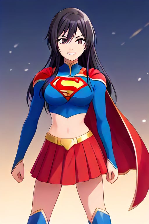 Shirase Sakuya, known for her graceful and mature elegance, brings a sophisticated allure to the classic Supergirl costume. The bright blue top with the iconic red and yellow 'S' emblem highlights her confident posture and commanding presence, perfectly fitting her tall and graceful frame. Her long, flowing dark hair cascades over her shoulders, adding a touch of elegance that flows naturally with the red cape billowing behind her. The red skirt and red knee-high boots complete the look, giving her a balanced mix of femininity and strength.

Sakuya’s poised smile and calm expression bring a sense of assurance and composure to the Supergirl persona, showcasing her natural leadership qualities and resilience. Her transformation captures the essence of a heroine who possesses both beauty and power, ready to protect and inspire with quiet confidence. As Supergirl, Sakuya combines charm and strength seamlessly, embodying a powerful figure who stands ready to face challenges with both grace and resolve.