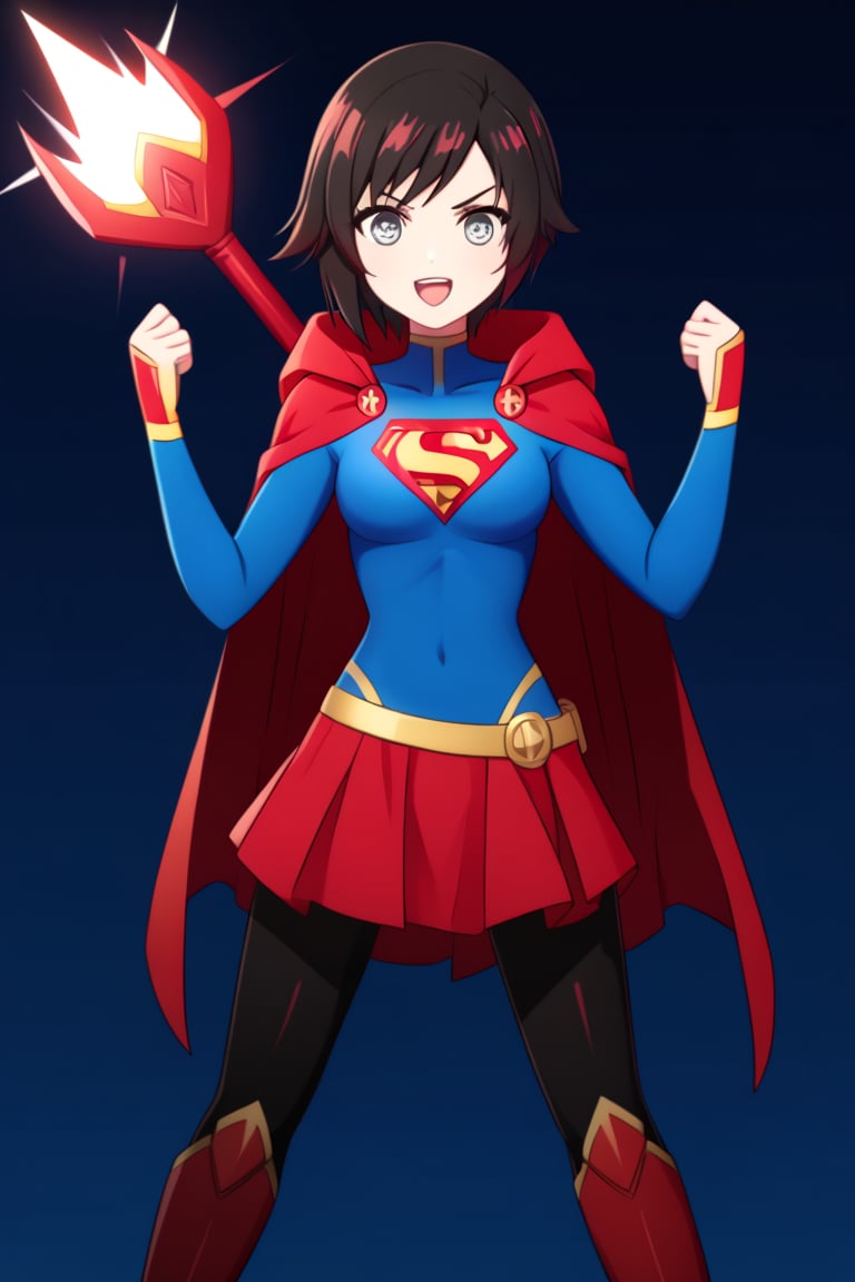 Ruby Rose, with her boundless energy and unwavering sense of justice, looks striking in the classic Supergirl costume. The vibrant blue top, featuring the iconic red and yellow 'S' emblem, perfectly complements her bold and heroic nature. A red cape flows behind her, adding a dynamic flair as it moves with her quick and agile stance, reminiscent of her usual combat style. The red skirt and knee-high boots complete the look, enhancing her athletic form and giving her the appearance of a young, determined superhero ready to protect the world.

Ruby’s signature short black hair with red tips stands out against the costume, while her cheerful and optimistic smile shines through, embodying the essence of Supergirl's hope and strength. The costume enhances her natural sense of leadership and bravery, making her a perfect fit for the role of a superhero. In this transformation, Ruby blends her youthful enthusiasm with the power and courage of Supergirl, ready to take on any challenge and inspire those around her.