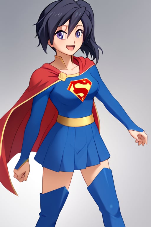 Fujisawa Aya, known for her calm and composed personality, brings a graceful and poised presence to the classic Supergirl costume. The bright blue top with the iconic red and yellow 'S' emblem complements her serene expression and reserved nature. Her shoulder-length, black hair falls neatly around her face, while the red cape flows behind her, adding a subtle sense of movement and strength. The red skirt and red knee-high boots complete the look, giving her an elegant yet empowered appearance.

With her gentle smile and calm demeanor, Aya embodies a more thoughtful and composed take on Supergirl, blending heroism with her usual grace. In this costume, she conveys quiet strength and resolve, ready to face any challenge with dignity and poise. Her transformation captures the essence of a hero who leads with both compassion and inner strength, making her an inspiring figure who brings warmth and courage to those around her.,supergirl,fujisawa aya(gbd)