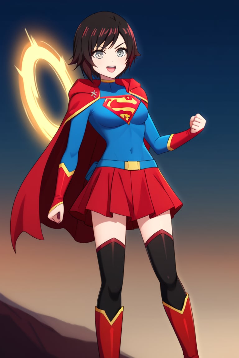 Ruby Rose, with her boundless energy and unwavering sense of justice, looks striking in the classic Supergirl costume. The vibrant blue top, featuring the iconic red and yellow 'S' emblem, perfectly complements her bold and heroic nature. A red cape flows behind her, adding a dynamic flair as it moves with her quick and agile stance, reminiscent of her usual combat style. The red skirt and knee-high boots complete the look, enhancing her athletic form and giving her the appearance of a young, determined superhero ready to protect the world.

Ruby’s signature short black hair with red tips stands out against the costume, while her cheerful and optimistic smile shines through, embodying the essence of Supergirl's hope and strength. The costume enhances her natural sense of leadership and bravery, making her a perfect fit for the role of a superhero. In this transformation, Ruby blends her youthful enthusiasm with the power and courage of Supergirl, ready to take on any challenge and inspire those around her.