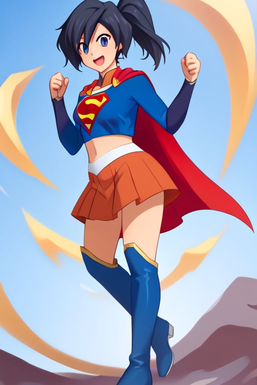 Fujisawa Aya, known for her calm and composed personality, brings a graceful and poised presence to the classic Supergirl costume. The bright blue top with the iconic red and yellow 'S' emblem complements her serene expression and reserved nature. Her shoulder-length, black hair falls neatly around her face, while the red cape flows behind her, adding a subtle sense of movement and strength. The red skirt and red knee-high boots complete the look, giving her an elegant yet empowered appearance.

With her gentle smile and calm demeanor, Aya embodies a more thoughtful and composed take on Supergirl, blending heroism with her usual grace. In this costume, she conveys quiet strength and resolve, ready to face any challenge with dignity and poise. Her transformation captures the essence of a hero who leads with both compassion and inner strength, making her an inspiring figure who brings warmth and courage to those around her.,supergirl,fujisawa aya(gbd)