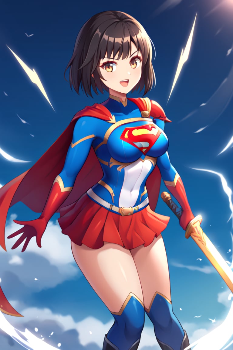 Erika, the skilled and disciplined swordswoman from "Shadowverse," exudes power and grace in the classic Supergirl costume. The vibrant blue top, emblazoned with the red and yellow 'S' emblem, fits perfectly with her fierce and focused demeanor. Her short black hair flows freely, adding a dramatic touch as the red cape billows behind her, accentuating her swift movements and readiness for action. The red skirt, paired with knee-high boots, emphasizes her lithe, athletic form, while maintaining the elegance and precision she's known for in combat.

Erika’s sharp gaze reflects her determination and unwavering sense of duty, blending her natural warrior spirit with the heroic essence of Supergirl. In this transformation, she retains her tactical mindset and sword skills but adds the empowering aura of a superhero. The Supergirl costume highlights her inner strength and drive, making her a symbol of both power and protection, always ready to defend with grace and skill.