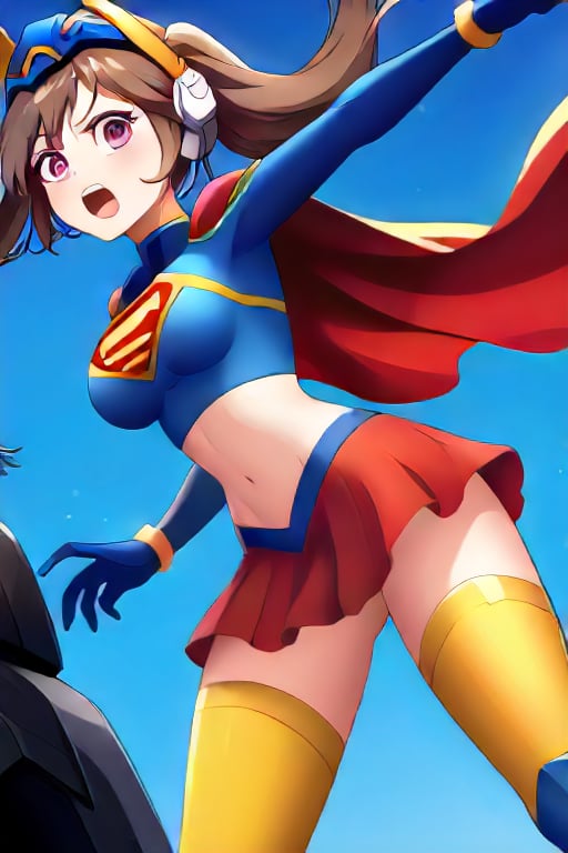 IPMasquerena, known for her edgy, cybernetic design and rebellious nature, takes on a unique look in the classic Supergirl costume. The vibrant blue top, featuring the bold red and yellow 'S' emblem, contrasts with her mechanical elements, creating a striking blend of futuristic style and classic heroism. Her distinct helmet and cybernetic accessories are complemented by the flowing red cape, which adds a dynamic touch to her usually sleek and tactical appearance. The red skirt and red knee-high boots complete the costume, merging her edgy look with Supergirl’s iconic outfit. She has brown hair.

With her signature cool and confident expression, IPMasquerena embraces the strength and courage that come with the Supergirl identity. The costume enhances her already formidable presence, blending her high-tech vibe with the empowering essence of a superhero. In this transformation, she embodies a perfect mix of futuristic toughness and classic heroism, ready to take on any challenge with her strategic mind and unwavering bravery.,I:P Masquerena