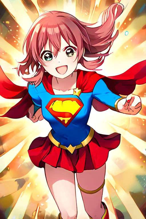 Komiya Kaho, with her boundless energy and enthusiasm, brings a bright and cheerful twist to the classic Supergirl costume. The vibrant blue top with the red and yellow 'S' emblem adds a bold pop of color that perfectly complements her lively personality. Her short, fluffy red hair bounces playfully around her face, while the red cape flows behind her in sync with her dynamic movements. The red skirt and matching knee-high boots complete the look, giving her a fun yet heroic appearance.

With her ever-joyful smile and sparkling eyes, Kaho steps into the role of Supergirl with a youthful excitement, embodying a superhero ready to leap into action with optimism and energy. Her transformation captures her spontaneous and brave spirit, showing a Supergirl who’s not just powerful but also full of heart and enthusiasm. In this costume, Kaho shines as a heroine who brings joy and courage to everyone around her, ready to tackle challenges with her bright outlook and boundless spirit.,KOMIYA KAHO,supergirl