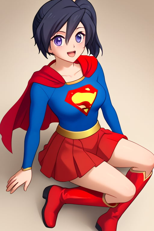 Fujisawa Aya, known for her calm and composed personality, brings a graceful and poised presence to the classic Supergirl costume. The bright blue top with the iconic red and yellow 'S' emblem complements her serene expression and reserved nature. Her shoulder-length, black hair falls neatly around her face, while the red cape flows behind her, adding a subtle sense of movement and strength. The red skirt and red knee-high boots complete the look, giving her an elegant yet empowered appearance.

With her gentle smile and calm demeanor, Aya embodies a more thoughtful and composed take on Supergirl, blending heroism with her usual grace. In this costume, she conveys quiet strength and resolve, ready to face any challenge with dignity and poise. Her transformation captures the essence of a hero who leads with both compassion and inner strength, making her an inspiring figure who brings warmth and courage to those around her.,supergirl,fujisawa aya(gbd)