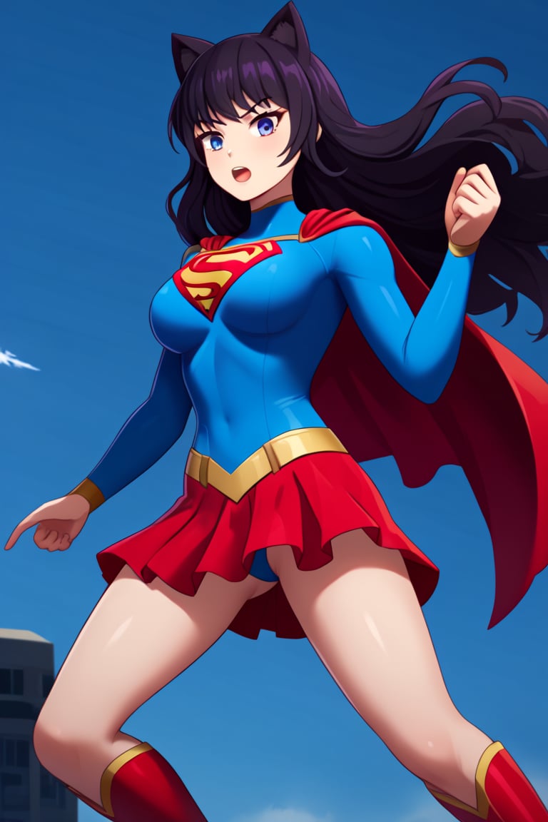 Blake Belladonna, with her quiet yet fierce demeanor, brings a subtle elegance to the classic Supergirl costume. The deep blue top, adorned with the bold red and yellow 'S' emblem, contrasts beautifully with her dark, raven-black hair, which falls gracefully over her shoulders, with her signature bow adding a unique touch. A flowing red cape sways behind her, giving a sense of movement and power, while also highlighting her agile and stealthy nature. The red skirt and knee-high boots complete the look, emphasizing her lithe, athletic frame.

Blake’s calm yet determined expression blends perfectly with the heroic essence of Supergirl, showcasing her strength and resolve. Her quiet strength, paired with the empowering costume, makes her a symbol of resilience and grace. In this transformation, Blake seamlessly combines her natural stealth and independence with the courage and heroism of Supergirl, ready to stand tall and protect those who need it, while still retaining her thoughtful and introspective nature.