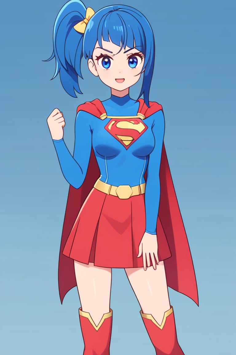 Sora Harewataru, with her sky-blue hair and determined yet gentle demeanor, shines brilliantly in the classic Supergirl costume. The bold blue top with the red and yellow 'S' emblem stands proudly on her chest, representing her unwavering courage and sense of justice. A bright red cape flows effortlessly from her shoulders, adding a heroic and dynamic flair that complements her graceful yet adventurous spirit. The costume is completed with a red skirt and matching knee-high boots, which highlight her agile and energetic presence. Sora’s determined expression, paired with her innate kindness, blends perfectly with the superhero attire, transforming her into a symbol of hope and protection. In the Supergirl costume, Sora embodies both strength and compassion, showcasing her readiness to soar to new heights as a true heroine. Her blue hair is tied into a side ponytail on the right with a yellow ribbon