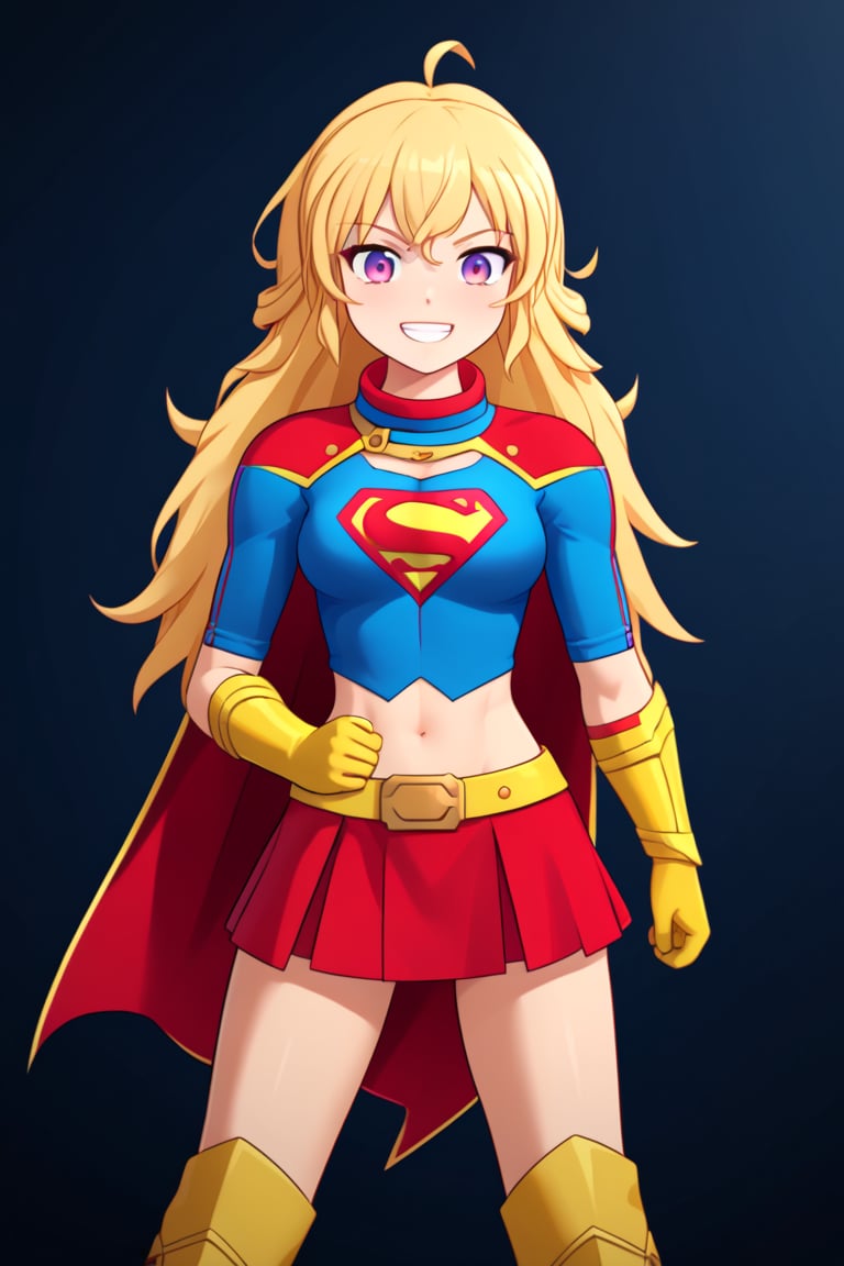 Yang Xiao Long, with her fiery personality and unshakable confidence, looks bold and powerful in the classic Supergirl costume. The vibrant blue top, featuring the iconic red and yellow 'S' emblem, perfectly complements her golden blonde hair, which flows freely in its signature wild style. A bright red cape billows behind her, adding to her dynamic and energetic presence, as it moves with every step. The red skirt and knee-high boots emphasize her athletic, muscular build, showcasing the raw strength she’s known for.

Yang’s confident grin and fearless gaze blend seamlessly with the empowering Supergirl persona. Her natural charisma and love for a good fight are perfectly enhanced by the superhero look, making her appear both strong and heroic. In this transformation, Yang embodies the best traits of a superhero, radiating courage, strength, and a fearless attitude, always ready to take on any challenge while protecting those she cares about.