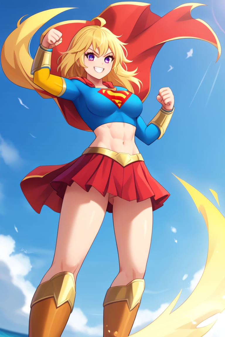 Yang Xiao Long, with her fiery personality and unshakable confidence, looks bold and powerful in the classic Supergirl costume. The vibrant blue top, featuring the iconic red and yellow 'S' emblem, perfectly complements her golden blonde hair, which flows freely in its signature wild style. A bright red cape billows behind her, adding to her dynamic and energetic presence, as it moves with every step. The red skirt and knee-high boots emphasize her athletic, muscular build, showcasing the raw strength she’s known for.

Yang’s confident grin and fearless gaze blend seamlessly with the empowering Supergirl persona. Her natural charisma and love for a good fight are perfectly enhanced by the superhero look, making her appear both strong and heroic. In this transformation, Yang embodies the best traits of a superhero, radiating courage, strength, and a fearless attitude, always ready to take on any challenge while protecting those she cares about.