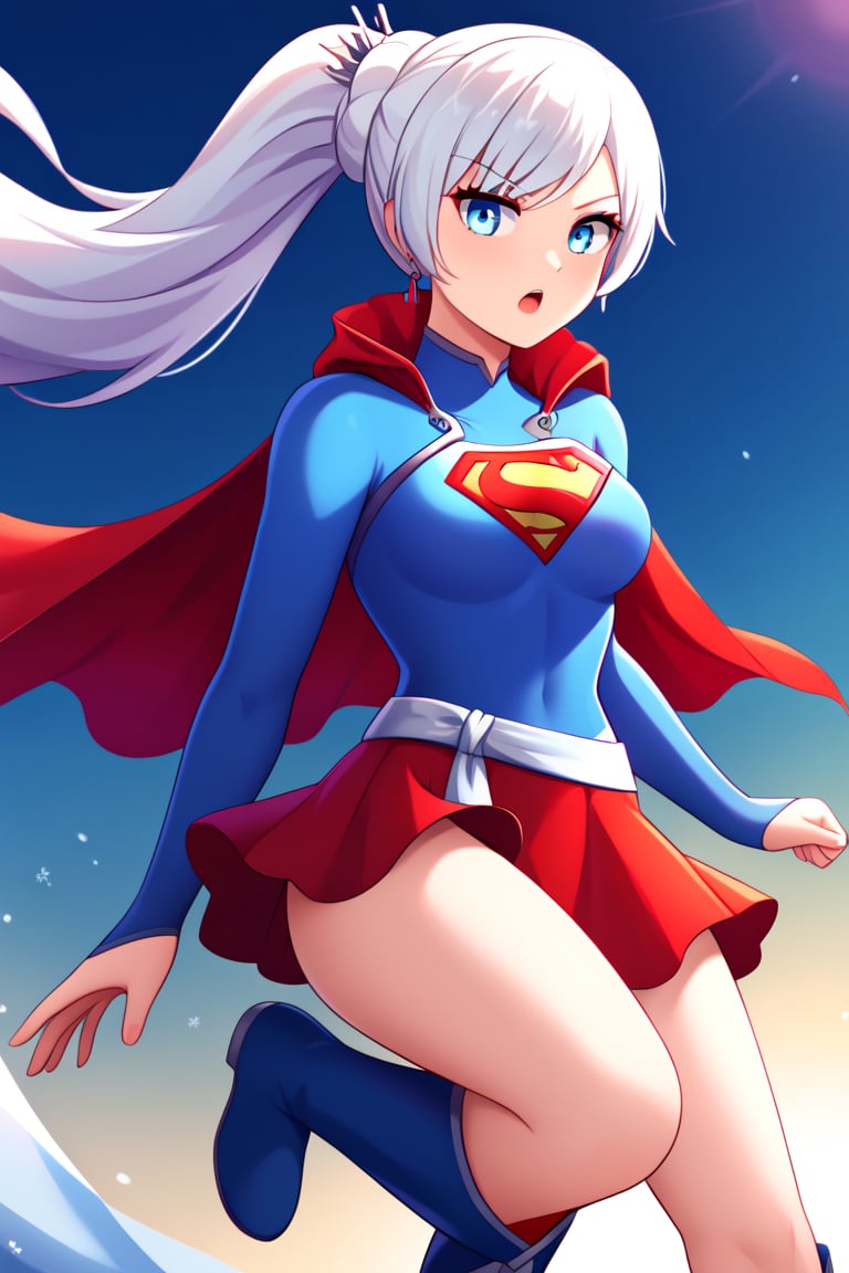 Weiss Schnee, with her graceful poise and sharp elegance, brings a regal touch to the classic Supergirl costume. The vibrant blue top, emblazoned with the red and yellow 'S' emblem, contrasts beautifully with her signature snow-white hair, which is styled in its familiar side ponytail. A flowing red cape drapes behind her, adding a dynamic sense of movement and power, complementing her composed and refined presence. The red skirt and knee-high boots complete the outfit, showcasing her agility and strength.

Weiss’s icy blue eyes and confident expression add a cool, determined edge to the typically bright and hopeful Supergirl persona. Her natural sense of leadership, discipline, and responsibility blend perfectly with the heroic aura of Supergirl. In this transformation, Weiss becomes a symbol of grace and power, ready to stand tall as both a protector and a fighter, combining her unyielding resolve with the strength and courage of a superhero.