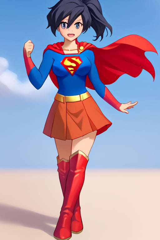 Fujisawa Aya, known for her calm and composed personality, brings a graceful and poised presence to the classic Supergirl costume. The bright blue top with the iconic red and yellow 'S' emblem complements her serene expression and reserved nature. Her shoulder-length, black hair falls neatly around her face, while the red cape flows behind her, adding a subtle sense of movement and strength. The red skirt and red knee-high boots complete the look, giving her an elegant yet empowered appearance.

With her gentle smile and calm demeanor, Aya embodies a more thoughtful and composed take on Supergirl, blending heroism with her usual grace. In this costume, she conveys quiet strength and resolve, ready to face any challenge with dignity and poise. Her transformation captures the essence of a hero who leads with both compassion and inner strength, making her an inspiring figure who brings warmth and courage to those around her.,supergirl,fujisawa aya(gbd)